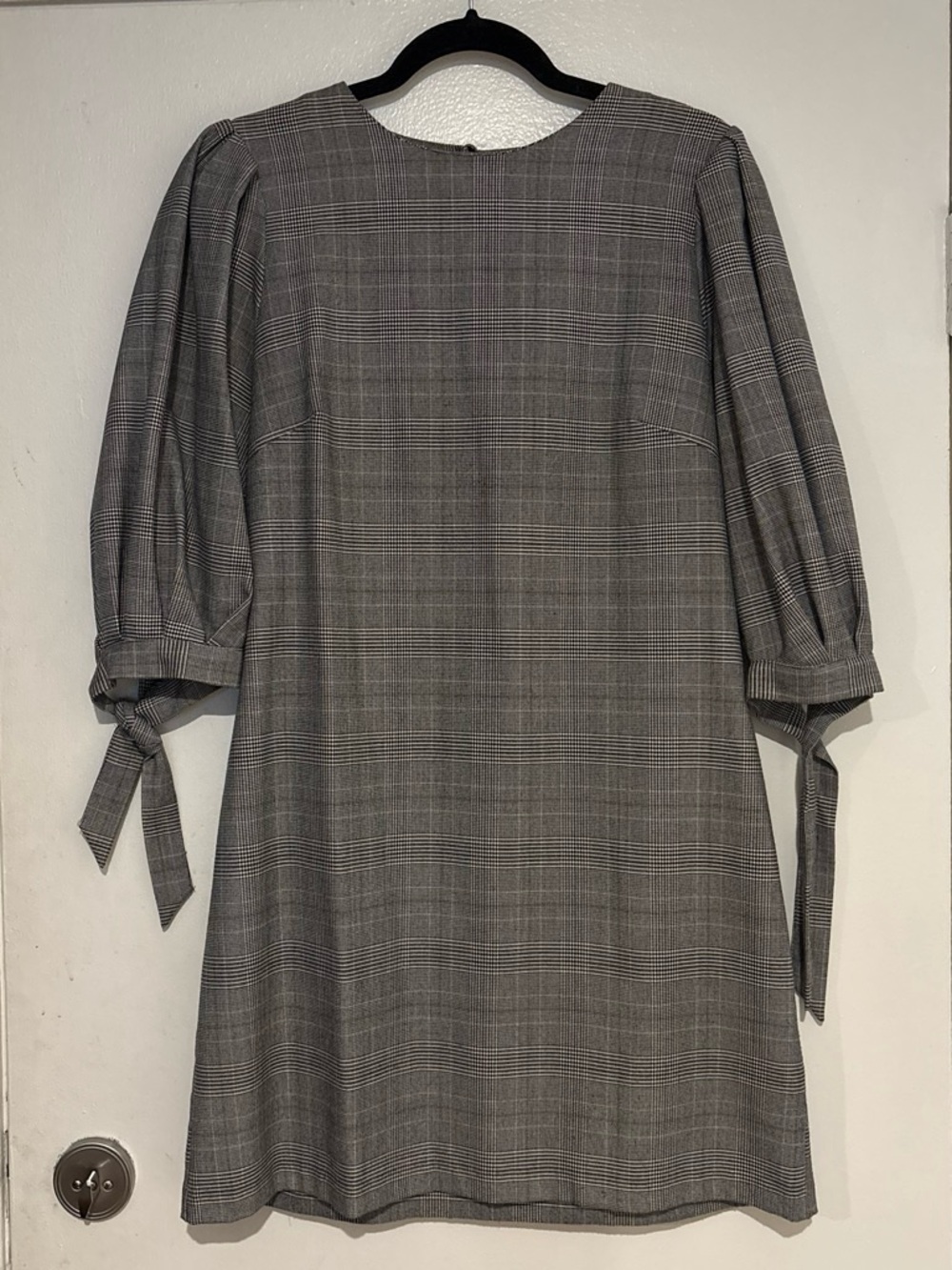 Gray Plaid Puff-Sleeve Mini Dress